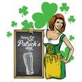 Saint patrick`s day design beautiful girl lean on the blackboard Royalty Free Stock Photo