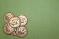 St. Patrick`s Day Themed Background with Gold Coins on Light Green Backdrop