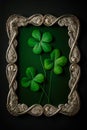 Saint Patrick\'s day four leaf clover inside the vintage picture frame. Background image design. Ai generative