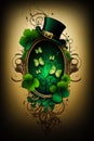 Saint Patrick\'s day four leaf clover inside the vintage picture frame poster design. Background image. Ai Generative