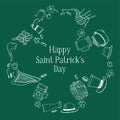 Saint Patrick`s Day frame template in the shape of shamrock. Traditional objects - hat, harp, beer, bagpipes, pot. Hand drawn