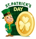 Saint Patrick`s Day. Funny leprechaun holds gold coin with clover