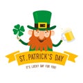 Saint Patrick`s Day. Funny Leprechaun with leaf clover and pint beer on a light background.