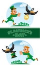 Saint Patrick`s Day. Funny leprechaun trying to catch crow who carries stolen coin with clover