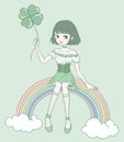 Saint Patrick`s Day Girl on a Rainbow with Cloud. Royalty Free Stock Photo