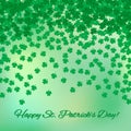 Saint Patrick`s Day green background with falling shamrocks confetti. Happy St. Patricks Day greeting card. Traditional irish