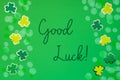 Saint Patrick's Day, Green Flat Lay, English Text Good Luck Royalty Free Stock Photo