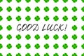 Saint Patrick`s Day greeting card with green mosaic clover leaves and text on white background. Inscription - Good luck!