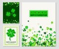 Saint Patrick`s Day greeting cards set of three sheets with four leaved greenery clover and shamrock confetti