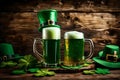 The Saint Patrick\'s Day image features a of gold, a glittering leprechaun\'s hat, foaming green beer in a glass mug Royalty Free Stock Photo