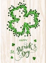 Saint Patrick`s Day invitation card, clovers background, lettering, spring holidays