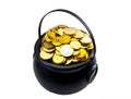 Saint Patrick`s Day and Leprechaun`s treasure concept with a pot of gold coins isolated on white with and a clipping path includ Royalty Free Stock Photo