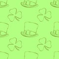 Saint Patrick`s Day outline seamless pattern with leprechaun hat and shamrock in cartoon style. Vector illustration. Holiday Colle Royalty Free Stock Photo