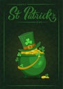 Saint Patrick`s Day party flyer, brochure, holiday invitation, corporate celebration. Pot with gold coins, leprechaun hat and Royalty Free Stock Photo