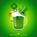 Saint Patrick`s Day poster with green beer, four-leaf clover, horseshoe and tube hat Royalty Free Stock Photo