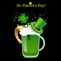 Saint Patrick`s Day poster with green beer, four-leaf clover, horseshoe and tube hat Royalty Free Stock Photo