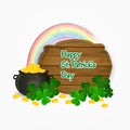 Saint Patrick's Day pot of gold and rainbow background. Vector illustration. Royalty Free Stock Photo