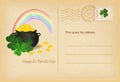 Saint Patrick's Day retro greeting card with pot of gold and rainbow. Vector illustration. Royalty Free Stock Photo