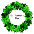 Saint Patrick`s Day Round Frame with Green Four and Tree Leaf Clovers on Bright Background. Vector illustration. Party Royalty Free Stock Photo