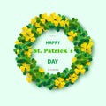 Saint Patrick`s Day Round Frame with Green Four and Tree Leaf Clovers Isolated on White Background. Vector illustration. Party In Royalty Free Stock Photo