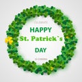 Saint Patrick`s Day Round Frame with Green Four and Tree Leaf Clovers Isolated on White Background. Vector illustration. Party In Royalty Free Stock Photo