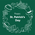 Saint Patrick`s Day round frame template. Traditional objects - hat, harp, shamrock, beer, bagpipes, pot
