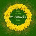 Saint Patrick`s Day Round Frame with yellow Tree Leaf Clovers Isolated on green Background. Vector illustration. Party Royalty Free Stock Photo