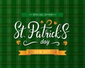 Saint Patrick`s Day sale banner design template with beautiful handwritten lettering, horseshoe and clover. Special offer 50% off Royalty Free Stock Photo