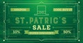 Saint Patrick`s Day Sale Vintage Retro Background. Coupon Template with Rays, Lines and Frame