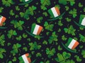 Saint Patrick`s Day seamless pattern. Clover and leprechaun hat with Irish flag. Festive background for advertising products, Royalty Free Stock Photo