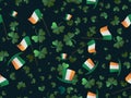 Saint Patrick`s Day seamless pattern. Clover and leprechaun hat with Irish flag. Festive background for advertising products, Royalty Free Stock Photo