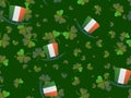 Saint Patrick`s Day seamless pattern. Clover and leprechaun hat with Irish flag. Festive background for advertising products, Royalty Free Stock Photo