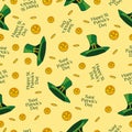 Saint Patrick`s Day seamless pattern with golden coins and leprechaun hat. Royalty Free Stock Photo