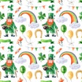 Saint Patrick`s day seamless pattern with leprechaun, rainbow, shamrock Royalty Free Stock Photo