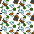 Saint Patrick\'s Day seamless vector pattern with whiskey, ice cubes, and shamrocks Royalty Free Stock Photo