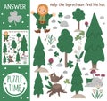 Saint PatrickÃ¢â¬â¢s Day searching game for children with leprechaun in spring forest. Cute funny smiling characters. Find hidden