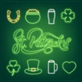 Saint Patrick`s Day. Set of neon icons and St. Patrick`s lettering. Patrick Day design elements