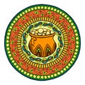 Saint Patrick's Day Theme mandala with Irish pot of gold and golden coins with clover and ethnic floral ornament.