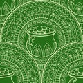 Saint Patrick`s Day Theme mandala with Irish pot, golden coins with clover.