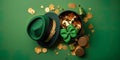 Saint Patrick\'s Day, top view photo of gift box, hat and decorative accessories