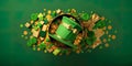 Saint Patrick\'s Day, top view photo of set of gift boxes, hat and decorative accessories on isolated green background