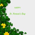 Saint Patrick`s Day Vertical Border with Green and Gold, Four and Tree Leaf Clovers on White Background. Vector