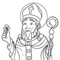 Portrait in outlines of Saint Patrick with crosier and shamrock, Vector illustration