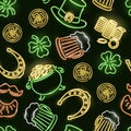 Saint Patrick's seamless pattern with neon glowing icons of shamrock, leprechauns hat, horseshoes, golden coins Royalty Free Stock Photo