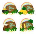 Saint Patrick`s symbols vector - pot og gold, rainbow, beer mug, golden horseshoe, green hat and clover. Royalty Free Stock Photo