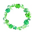 Saint Patrick wreath - trefoil leaves. Watercolor round border