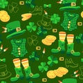Saint Patrick's Day seamless pattern. Leprechaun hat, shoes, clover. Vector. Royalty Free Stock Photo