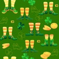 Saint Patrick's Day seamless pattern. Leprechaun shoes, clover, coins. Vector. Royalty Free Stock Photo