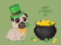 Saint Patricks Day ÃÂard with a cute pug in Leprechaun hat and pot of gold. Royalty Free Stock Photo