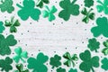 Saint Patricks Day background with green shamrock on white rustic board top view.